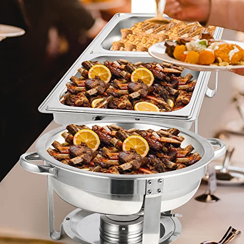 Restlrious Chafing Dish Buffet Set Stainless Steel 5QT Round & 8QT Rectangle Foldable Chafers & Buffet Warmers Set, w/Full & Half Size Food Pan, Water Pan, Fuel Holder & Lid for Catering Event, 5 Pk