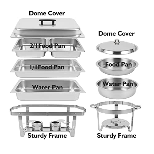 Restlrious Chafing Dish Buffet Set Stainless Steel 5QT Round & 8QT Rectangle Foldable Chafers & Buffet Warmers Set, w/Full & Half Size Food Pan, Water Pan, Fuel Holder & Lid for Catering Event, 5 Pk