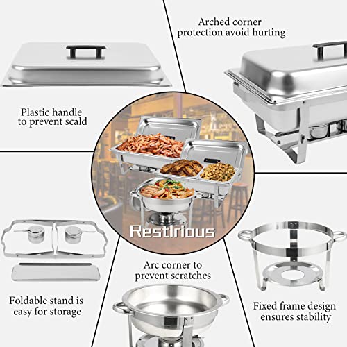 Restlrious Chafing Dish Buffet Set Stainless Steel 5QT Round & 8QT Rectangle Foldable Chafers & Buffet Warmers Set, w/Full & Half Size Food Pan, Water Pan, Fuel Holder & Lid for Catering Event, 5 Pk