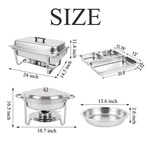 Restlrious Chafing Dish Buffet Set Stainless Steel 5QT Round & 8QT Rectangle Foldable Chafers & Buffet Warmers Set, w/Full & Half Size Food Pan, Water Pan, Fuel Holder & Lid for Catering Event, 5 Pk