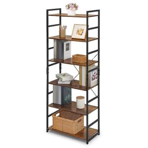 monibloom 6-tier bookcase, tall bookshelf with metal frame industrial style display shelves for home living room office, rustic brown