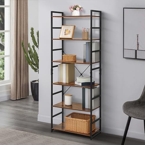 MoNiBloom 6-Tier Bookcase, Tall Bookshelf with Metal Frame Industrial Style Display Shelves for Home Living Room Office, Rustic Brown