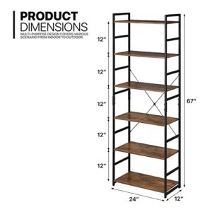 MoNiBloom 6-Tier Bookcase, Tall Bookshelf with Metal Frame Industrial Style Display Shelves for Home Living Room Office, Rustic Brown