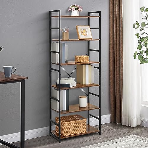 MoNiBloom 6-Tier Bookcase, Tall Bookshelf with Metal Frame Industrial Style Display Shelves for Home Living Room Office, Rustic Brown