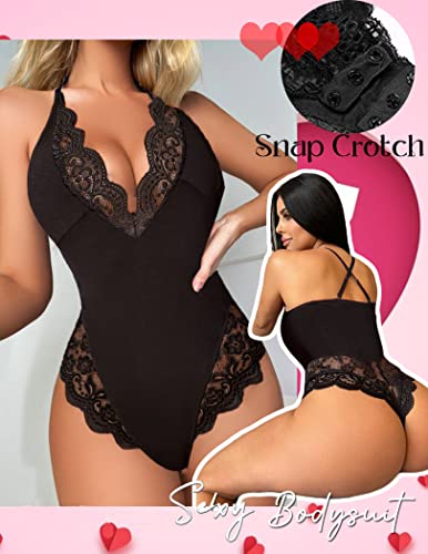 Avidlove Sexy Lingerie for Women Lace Deep V Bodysuit Snap Crotch Teddy Black L