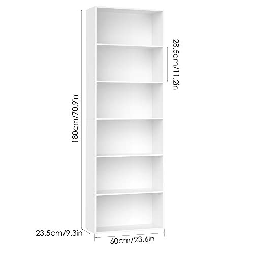 FOTOSOK 6-Tier Open Bookcase and Bookshelf, Freestanding Display Storage Shelves Tall Bookcase for Bedroom, Living Room and Office, White