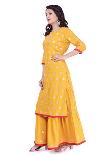 Trust of Deal Women's Rayon Kurti Hand Work Gotta Patti Palazzo Set, Yellow (as1, alpha, 3x_l, regular, regular, 3XL)