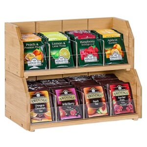 2 tier bamboo tea bag organizer, tea holder for tea bags organizer wood tea bags storage box with divider stackable vertical teabag rack containers for kitchen cabinet countertop(patented design)
