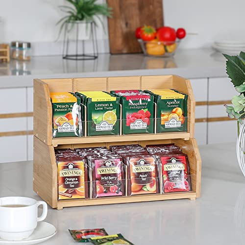 2 Tier Bamboo Tea Bag Organizer, Tea Holder for Tea Bags Organizer Wood Tea Bags Storage Box with Divider Stackable Vertical Teabag Rack Containers for Kitchen Cabinet Countertop(Patented Design)