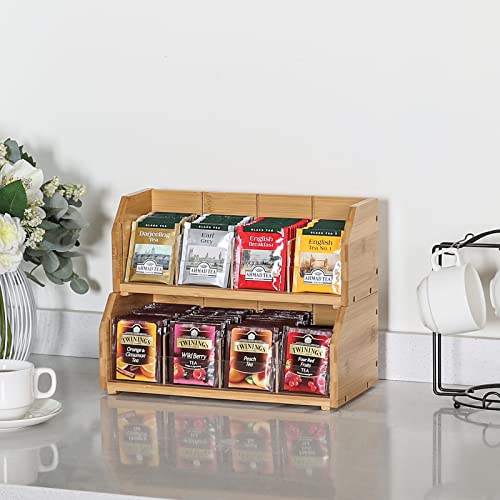 2 Tier Bamboo Tea Bag Organizer, Tea Holder for Tea Bags Organizer Wood Tea Bags Storage Box with Divider Stackable Vertical Teabag Rack Containers for Kitchen Cabinet Countertop(Patented Design)