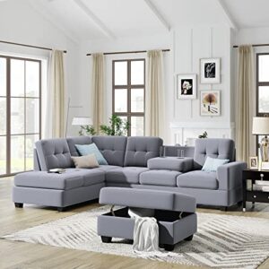 ubgo sectional, living room furniture sets,l-shaped storage ottoman&cup holders,upholstered couch for large space apartments,3-seate sofa with extra wide reversible chaise,gray