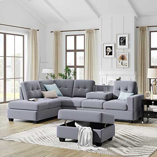 UBGO Sectional, Living Room Furniture Sets,L-Shaped Storage Ottoman&Cup Holders,Upholstered Couch for Large Space Apartments,3-Seate Sofa with Extra Wide Reversible Chaise,Gray