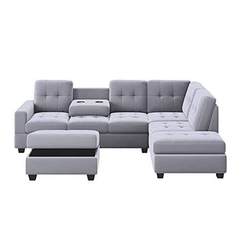 UBGO Sectional, Living Room Furniture Sets,L-Shaped Storage Ottoman&Cup Holders,Upholstered Couch for Large Space Apartments,3-Seate Sofa with Extra Wide Reversible Chaise,Gray