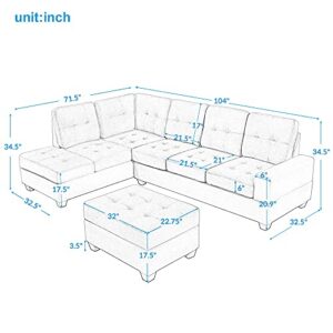 UBGO Sectional, Living Room Furniture Sets,L-Shaped Storage Ottoman&Cup Holders,Upholstered Couch for Large Space Apartments,3-Seate Sofa with Extra Wide Reversible Chaise,Gray