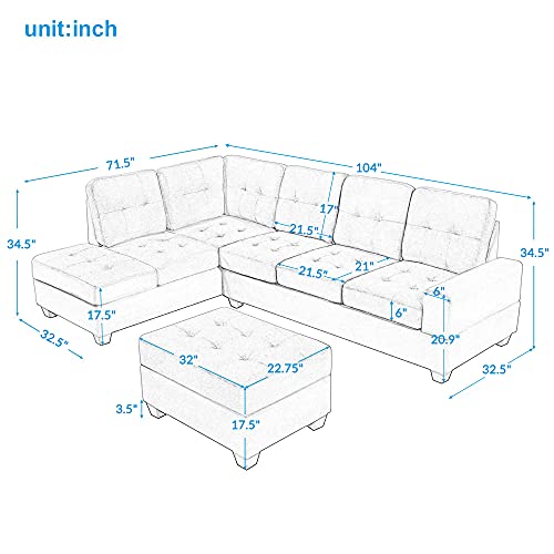 UBGO Sectional, Living Room Furniture Sets,L-Shaped Storage Ottoman&Cup Holders,Upholstered Couch for Large Space Apartments,3-Seate Sofa with Extra Wide Reversible Chaise,Gray