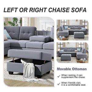 UBGO Sectional, Living Room Furniture Sets,L-Shaped Storage Ottoman&Cup Holders,Upholstered Couch for Large Space Apartments,3-Seate Sofa with Extra Wide Reversible Chaise,Gray