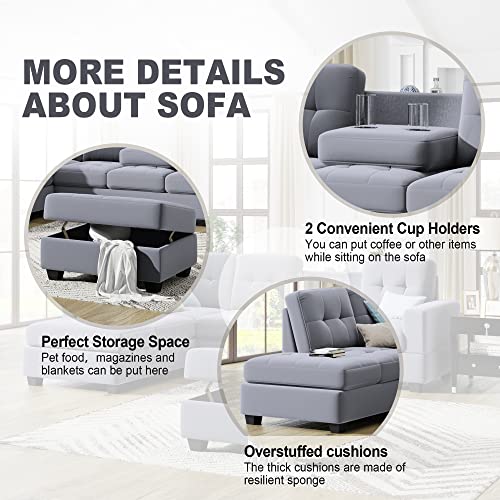 UBGO Sectional, Living Room Furniture Sets,L-Shaped Storage Ottoman&Cup Holders,Upholstered Couch for Large Space Apartments,3-Seate Sofa with Extra Wide Reversible Chaise,Gray