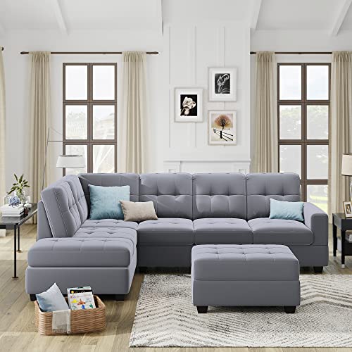 UBGO Sectional, Living Room Furniture Sets,L-Shaped Storage Ottoman&Cup Holders,Upholstered Couch for Large Space Apartments,3-Seate Sofa with Extra Wide Reversible Chaise,Gray