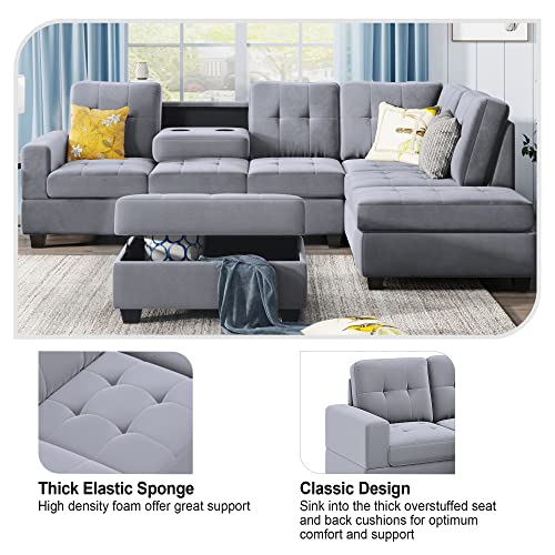 UBGO Sectional, Living Room Furniture Sets,L-Shaped Storage Ottoman&Cup Holders,Upholstered Couch for Large Space Apartments,3-Seate Sofa with Extra Wide Reversible Chaise,Gray