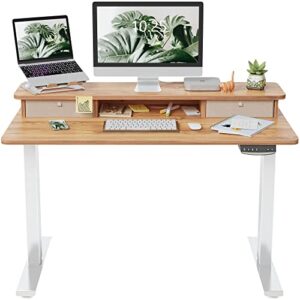fezibo height adjustable electric standing desk with double drawer, 40 x 24 inch stand up table with storage shelf, sit stand desk with splice board, white frame/light rustic brown top