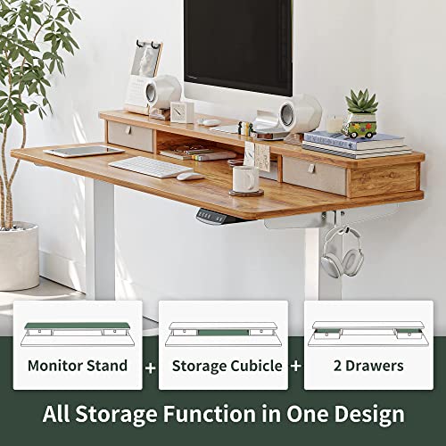 FEZIBO Height Adjustable Electric Standing Desk with Double Drawer, 40 x 24 Inch Stand Up Table with Storage Shelf, Sit Stand Desk with Splice Board, White Frame/Light Rustic Brown Top