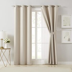 Bujasso Beige 90% Blackout Curtains with Sheer Overlay Mix and Match Double Layer Thermal Insulated Window Panels 84 inch for Living Room Bedroom Beige Drapes with Tiebacks Grommet Top 37" Wx84 Lx2