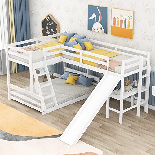 SweetFm Twin Over Full Triple Bunk Bed with Desk,Wooden Loft Bed with Desk and Slide,Full-Length Guardrail, White