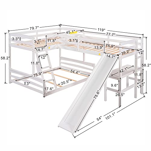 SweetFm Twin Over Full Triple Bunk Bed with Desk,Wooden Loft Bed with Desk and Slide,Full-Length Guardrail, White