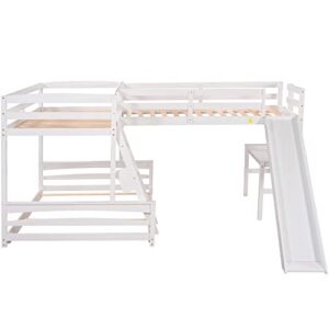 SweetFm Twin Over Full Triple Bunk Bed with Desk,Wooden Loft Bed with Desk and Slide,Full-Length Guardrail, White