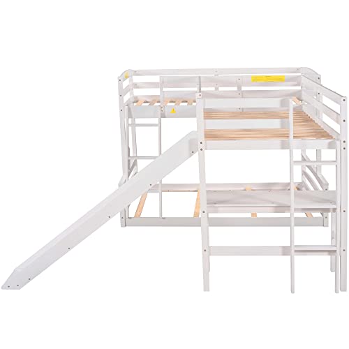 SweetFm Twin Over Full Triple Bunk Bed with Desk,Wooden Loft Bed with Desk and Slide,Full-Length Guardrail, White