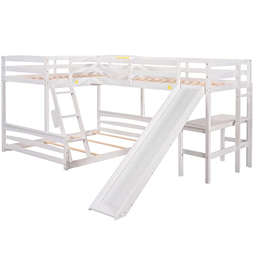 SweetFm Twin Over Full Triple Bunk Bed with Desk,Wooden Loft Bed with Desk and Slide,Full-Length Guardrail, White