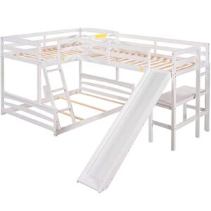 SweetFm Twin Over Full Triple Bunk Bed with Desk,Wooden Loft Bed with Desk and Slide,Full-Length Guardrail, White