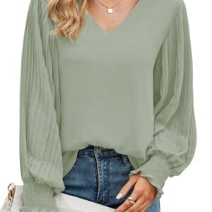 Aifer Women's V-Neck Long Sleeve Blouse - Sage Green, Sexy, Elegant, Classic Pullover Tunic for Work & Casual