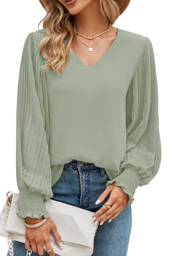 Aifer Women's V-Neck Long Sleeve Blouse - Sage Green, Sexy, Elegant, Classic Pullover Tunic for Work & Casual