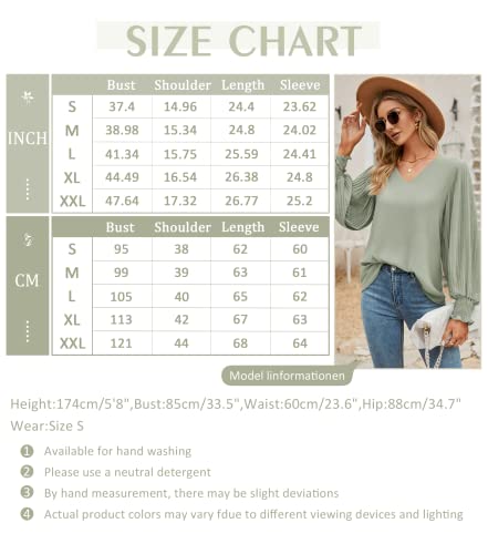 Aifer Women's V-Neck Long Sleeve Blouse - Sage Green, Sexy, Elegant, Classic Pullover Tunic for Work & Casual