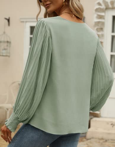 Aifer Women's V-Neck Long Sleeve Blouse - Sage Green, Sexy, Elegant, Classic Pullover Tunic for Work & Casual