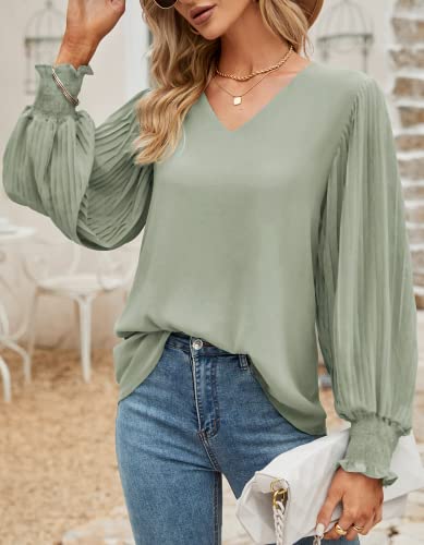 Aifer Women's V-Neck Long Sleeve Blouse - Sage Green, Sexy, Elegant, Classic Pullover Tunic for Work & Casual