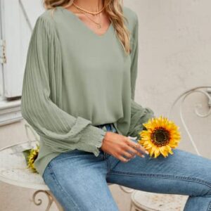 Aifer Women's V-Neck Long Sleeve Blouse - Sage Green, Sexy, Elegant, Classic Pullover Tunic for Work & Casual