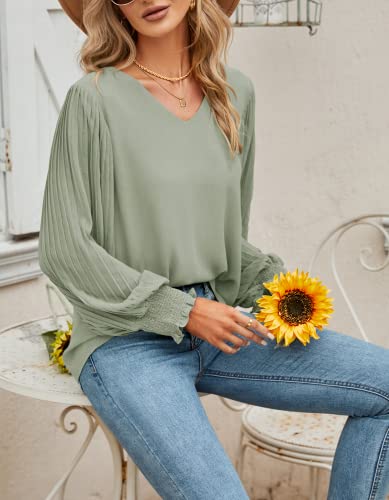 Aifer Women's V-Neck Long Sleeve Blouse - Sage Green, Sexy, Elegant, Classic Pullover Tunic for Work & Casual