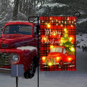 threecats lighted christmas flag, solar xmas flag with timer, led red truck flag holiday outdoor patio lawn yard decoration 12 x 18 double sided 2022 new