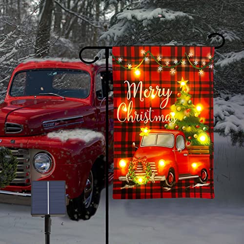 ThreeCats Lighted Christmas Flag, Solar Xmas Flag with Timer, LED Red Truck Flag Holiday Outdoor Patio Lawn Yard Decoration 12 x 18 Double Sided 2022 New