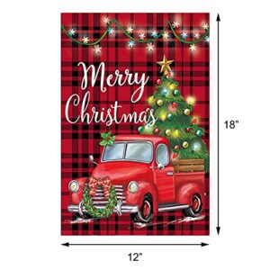 ThreeCats Lighted Christmas Flag, Solar Xmas Flag with Timer, LED Red Truck Flag Holiday Outdoor Patio Lawn Yard Decoration 12 x 18 Double Sided 2022 New