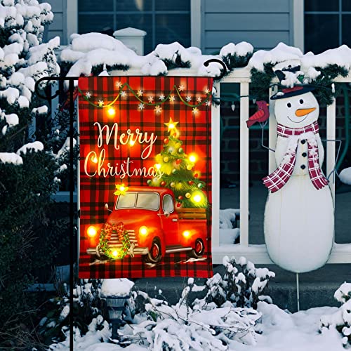 ThreeCats Lighted Christmas Flag, Solar Xmas Flag with Timer, LED Red Truck Flag Holiday Outdoor Patio Lawn Yard Decoration 12 x 18 Double Sided 2022 New