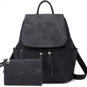 humloiv leather backpack purse for women fashion tassel backpack handbag purse for women medium size (black)