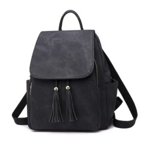 HUMLOIV Leather Backpack Purse for Women Fashion Tassel Backpack Handbag Purse for Women Medium Size (Black)