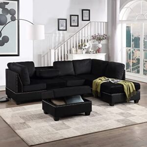 dhhu fine sectional, reversible chaise, l shaped couch sofa with ottoman for living room, apartment, office, gray, black funiture sets