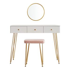 white dressing table bedroom vanity table chair set with cushioned stool wall mount mirror 3 drawers gold hairpin legs makeup table