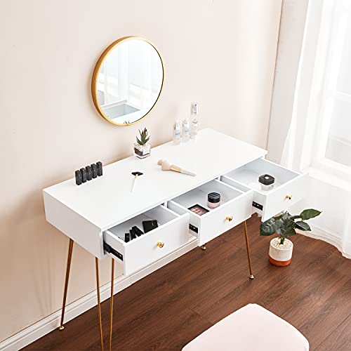 White Dressing Table Bedroom Vanity Table Chair Set with Cushioned Stool Wall Mount Mirror 3 Drawers Gold Hairpin Legs Makeup Table