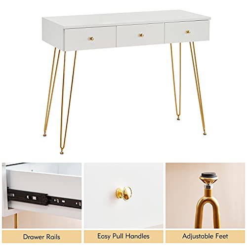 White Dressing Table Bedroom Vanity Table Chair Set with Cushioned Stool Wall Mount Mirror 3 Drawers Gold Hairpin Legs Makeup Table