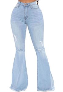 cutielove women's ripped jeans bell bottom flare jeans mid rise destroyed hem denim pants a-light blue